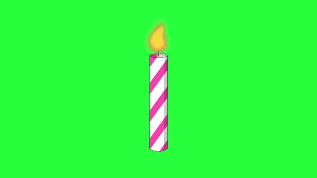 animated video of a striped candle in white and pink with a burning flame on green screen, looping two-dimensional animated video