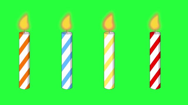 animated video of a striped pattern candle with four colors and a burning flame on green screen, looping two-dimensional animated video