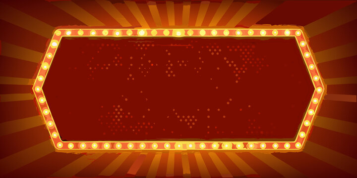 Retro marquee sign frame with glowing yellow lights and red background