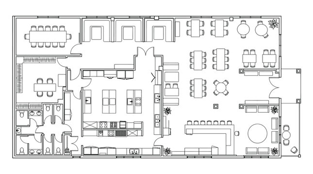 Architectural floor plan of a restaurant with kitchen, dining area, bar, and restrooms