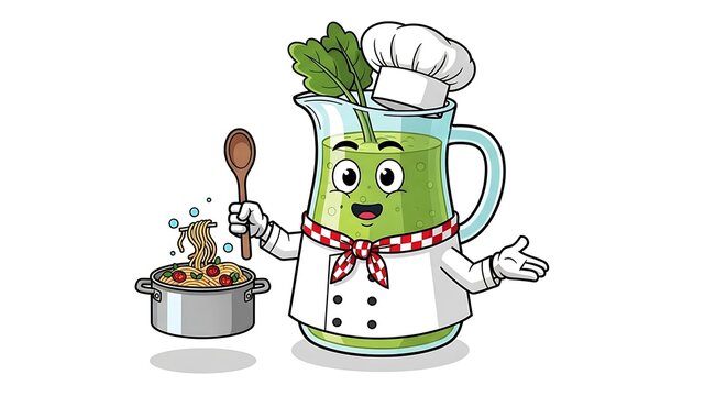 Cartoon chef holding a green pepper and cooking pot.