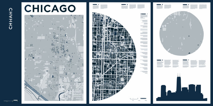 Chicago City Map Posters Minimalist Vector Illustration With Dark Blue Background