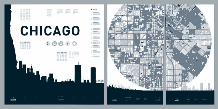 Chicago city posters with skyline and map illustrations in a teal gray color scheme