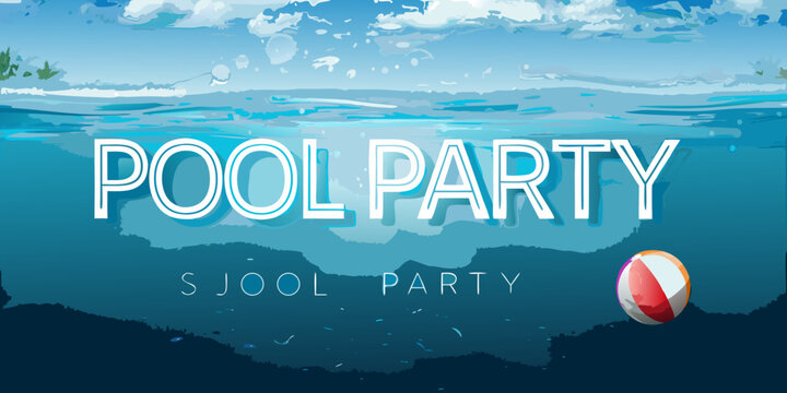 Pool party flyer with water surface and beach ball vector illustration