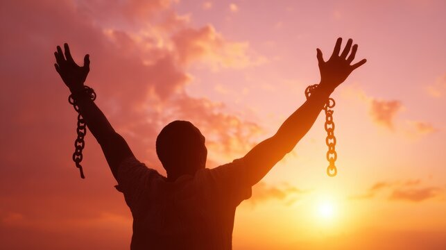 Silhouette of a person breaking free from chains with arms raised against a vibrant sunset sky