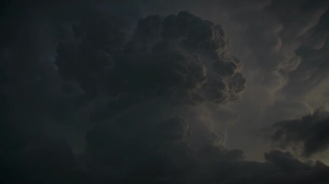 Flashing internal lightning illuminating thundercloud over low horizon, revealing turrets