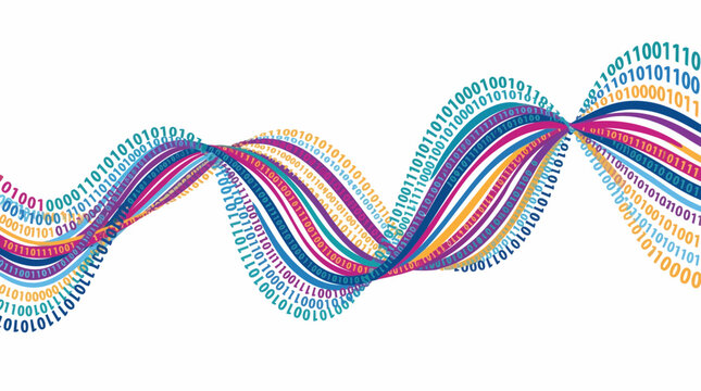 A colorful, wavy stream of binary code flows across a white background, representing digital data.