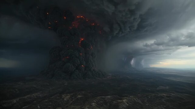 Erupting vent sending tall ash column over rocky plain, being driven by magma surge and lightning