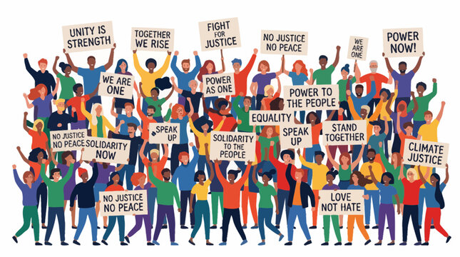 A diverse group of people hold signs advocating for unity, justice, equality, and peace during a protest.