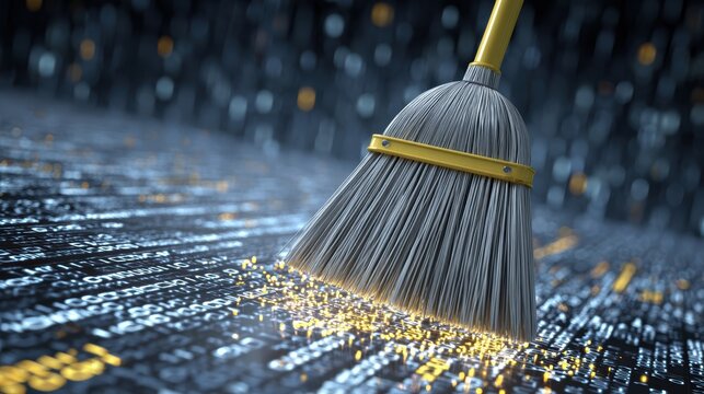Digital data cleaning concept with broom sweeping binary code particles on a dark background