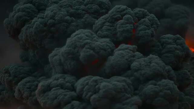 Erupting ash cloud surging outward following vent collapse, lightning striking glowing lava pockets