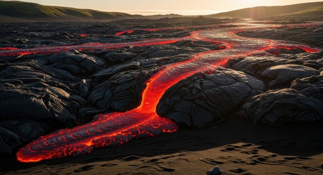 Crimson Lava Stream Flows Over Dark Volcanic Rock Landscape