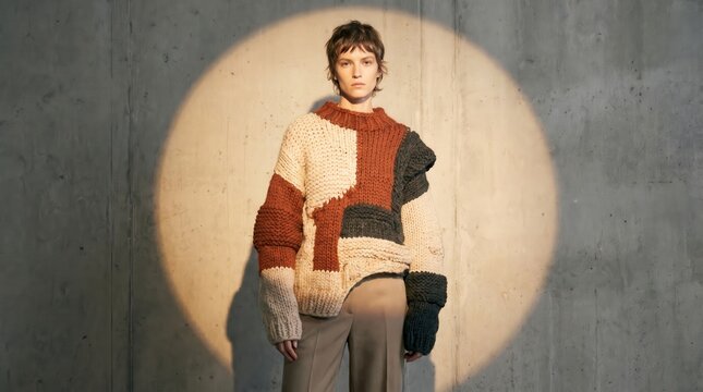 Fashion model showcasing a unique chunky knit sweater with abstract patterns. Spotlight illuminates the contemporary garment.