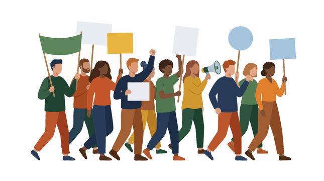 A diverse group of people march together holding signs and a megaphone, advocating for change.