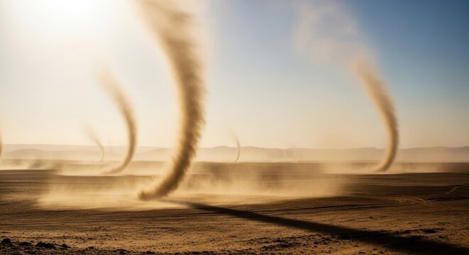 Dust Devils Swirling Across Arid Landscape