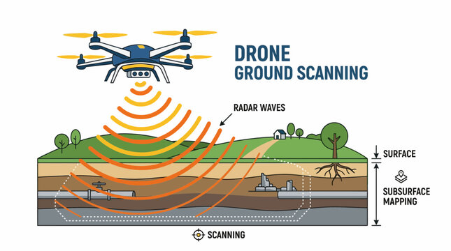 A drone uses radar waves to scan the ground, mapping subsurface features like pipes and geological layers.