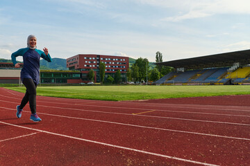 Fototapeta premium Smiling Hijab Runner Training On Outdoor Track In Stadium Active Woman Fitness And Empowerment