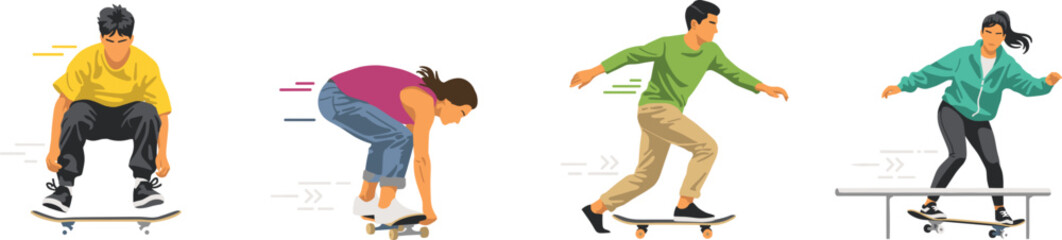 Skateboarder Character Vector Set with Teenagers Riding Skateboards Performing Ollie Jump Grinding on Rail and Cruising Flat Illustration © Abul