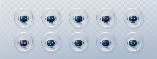 Fototapeta na wymiar Set of Robot emoji 3d for glass button chatbot and ai ui effect. Character morphism avatar for box bot robot and circle icon chat. Robot cute intelligence for glass text emoji and button frosted shape