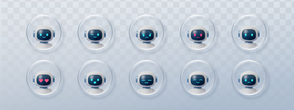 Set of Robot emoji 3d for glass button chatbot and ai ui effect. Character morphism avatar for box bot robot and circle icon chat. Robot cute intelligence for glass text emoji and button frosted shape