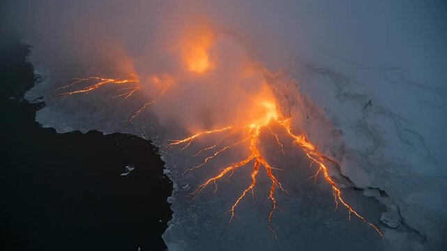 Erupting vent sending lava down icy glacier toward dark sea, forming steam plume and cracks