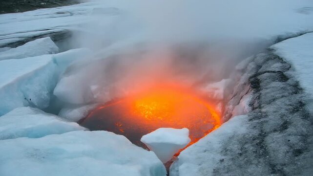 Contacting cold glacier ice, molten pool releasing steam, melting rim and exposing white ice chunk
