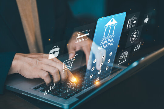 Close up of businessman typing on laptop keyboard with secure online banking interface, entering pin code or password for mobile transaction security concept.