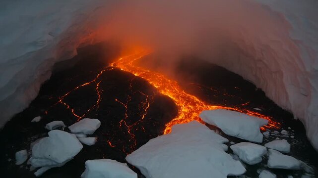 Camera approaching, circular melt hole revealing glowing lava within snow, for close view