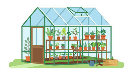 Obraz premium A greenhouse filled with various potted plants, shelves, a door, and gardening tools, ready for cultivation.