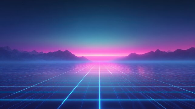 Retrowave sunset over neon grid landscape with mountain silhouette and vibrant pink and blue hues