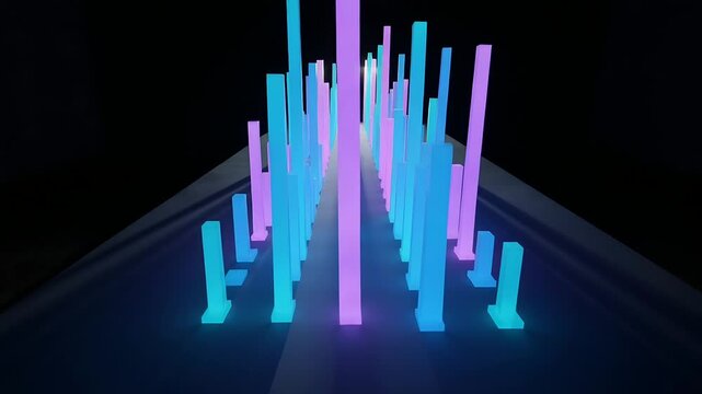 Brightening magenta pillar causing cyan magenta bars rising on matte stage, casting sharp shadows