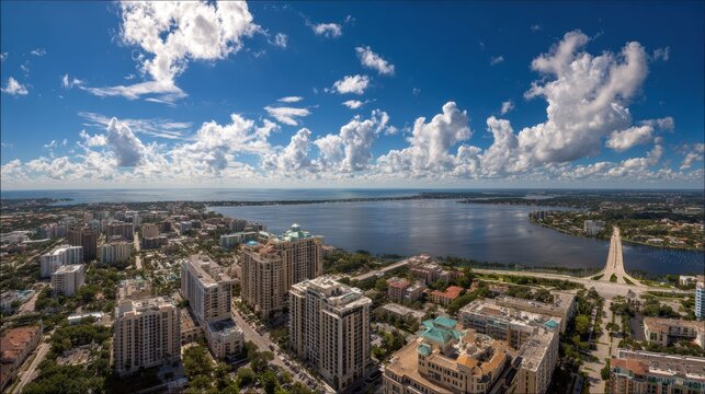 Aerial view of west palm beach skyline overlooking intracoastal waterway and blue sky with clouds