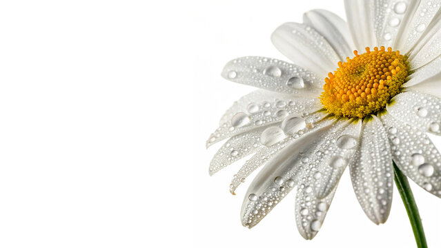 Beautiful fresh white daisy flower head petals water drops isolated on transparent background