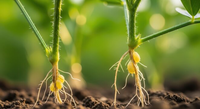 Detailed Close-Up of Soybean Plant Roots with Nitrogen-Fixing Nodules in Fertile Soil