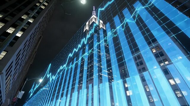 Tilting camera upward, tall lit office tower projecting blue bars, cyan waveform, grid map at night