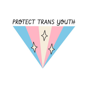 Retro pride graphic with Protect Trans Youth slogan and sparkles on transgender flag isolated on white. Groovy 70s aesthetic design element for LGBTQ pride month celebration and community advocacy.