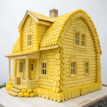 Intricate House Sculpture Crafted Entirely from Butter with Fresh Bananas Accents.