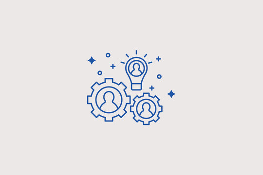 Three interlocking mechanical cogs with user profiles and glowing lightbulb line icon for creative brainstorming teamwork. Practical vector illustration for engineering project optimization dashboards