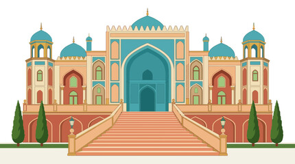 Fototapeta premium An ornate, multi-domed building with a grand staircase and flanking cypress trees.