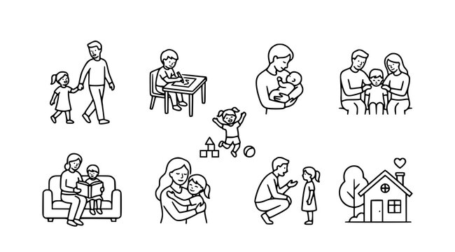 Family life stages linear icons parenthood childhood homeownership and intergenerational relationships illustration set