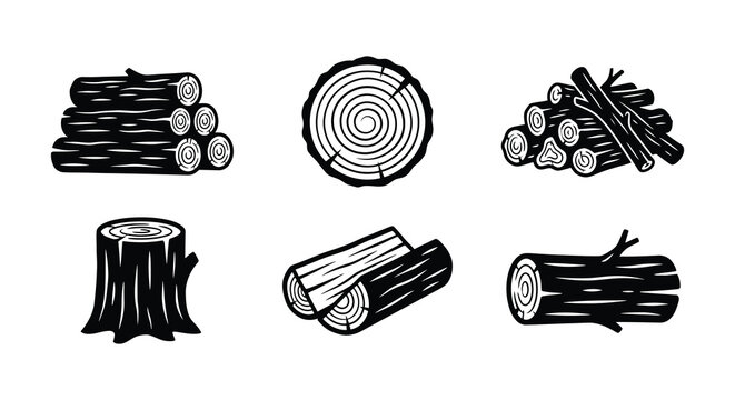 Wood logs and tree stump black vector illustration on white background