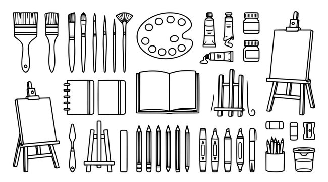 Art supplies collection hand drawn doodle set with paintbrushes palette easel and sketchbook elements