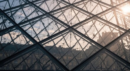 Fototapeta premium Architectural Marvel - Modern Glass Pyramid Structure with Sunlight and Sky.