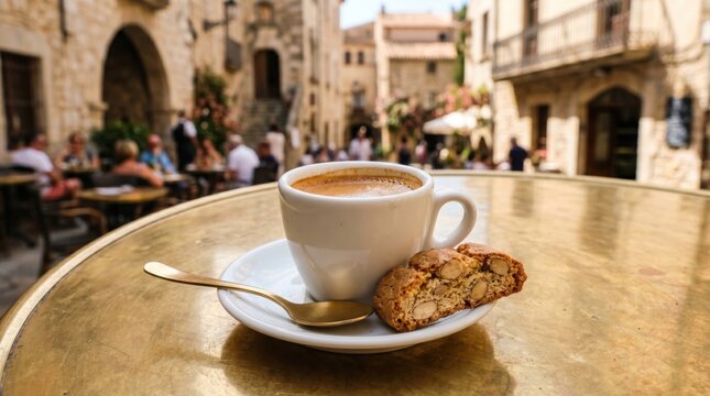 Cup of espresso coffee with almond biscotti served on metal table in outdoor cafe. Italian vacation break in historic mediterranean city. Morning breakfast ritual during european holiday.