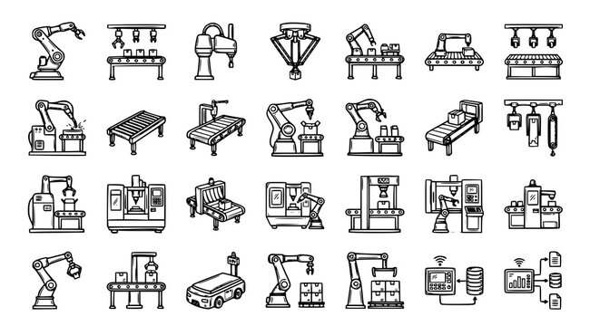 Industrial automation icons set robotic arms conveyor belts cnc machines and factory equipment line art