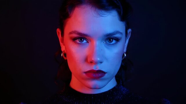 Turning model reacting to frame facing lens in studio wearing sparkly top with split red or blue lig