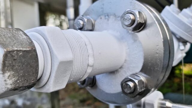 Close-Up of Frosted Cryogenic Industrial Valve and Pipe Flange at LNG Storage Tank