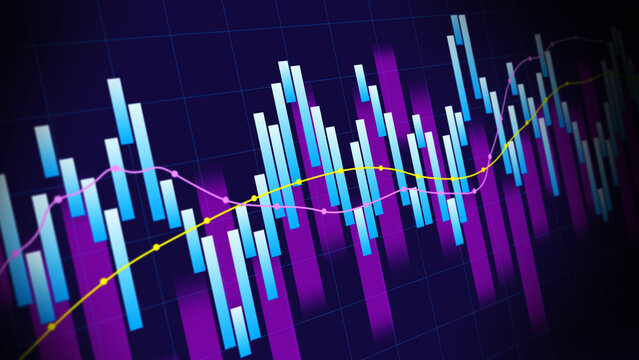 Stock chart trade exchange concept, blue purple candlestick, financial invest index economic strategy economic analysis, futuristic and neon light line volatility