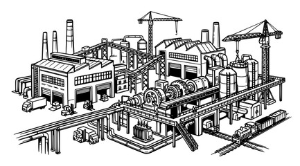 Fototapeta premium Detailed industrial complex illustration factory power plant and transportation network sketch
