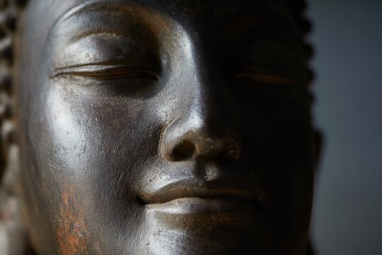 The Buddha statue close up showing a serene face with warm bronze textures